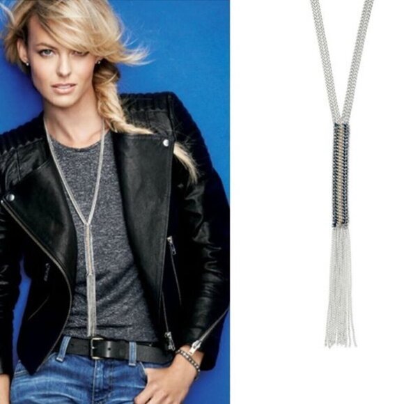 Stella & Dot Tessa Silver Fringe Necklace Double Chain with Long Tassel Pendant - Picture 1 of 7